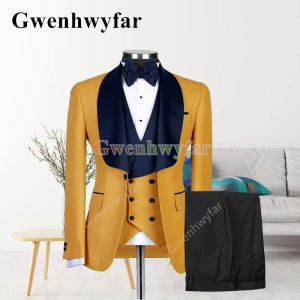 Suits gwenhwyfar yeni stil erkekler sarı takım elbise şal yaka ince fit üç parçalı smokin damat takım elbise özel top parti ceket