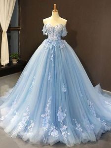 Peri açık mavi balo elbisesi quinceanera elbiseler zarif kapalı omuz dantel aplikeler tül uzun gençler tatlı 15 vestidos de 16 anos akşam balo elbiseleri bc18409