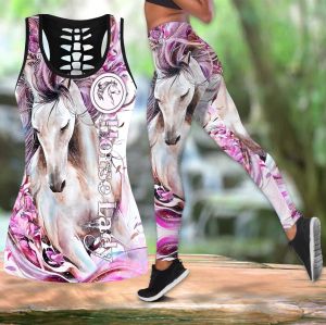 Леггинсы Beautiful Love Horse, полый топ на бретельках с 3D принтом, комплект леггинсов для фитнеса, женские леггинсы полной длины, брюки для бега DDK67