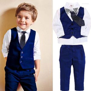 Giyim Setleri Erkekler Takım Toddler Tie Beyaz Gömlekler Donanma Yelek Uzun Pantolon Bebek Beyefendisi Kıyafetleri Üstleri Çocuk Giysileri Smokin