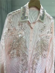 Kadınlar bluz lüks elmaslar boncuklu dikişli pembe gömlek kadınlar 2024 ilkbahar yaz uzun kolu üstlerinde camisas de mujer