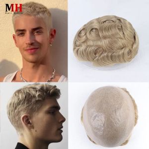 Wigs Blonde Men Toupee Human Hair Male Wig Natural Straight 8x10 полная PU Тонкая кожа Поли базовая система замена шерсти #22r