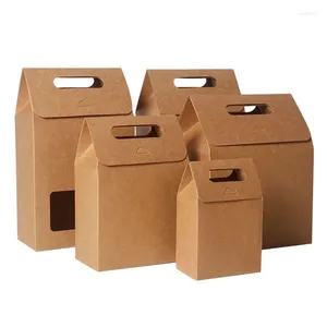 Подарочная упаковка, 10 шт., однотонный крафт-бумажный пакет с клапаном и видимым окном, винтажная, более толстая, удобная, большая вместительная картонная коробка, упаковка для пищевых конфет, хлеба