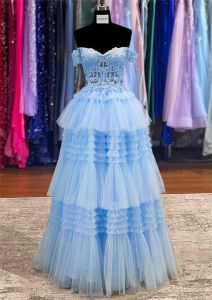 Изысканная голубая юбка-пачка Вечерние платья трапециевидной формы с открытыми плечами Аппликации из бисера и оборками Длинные платья для выпускного вечера Vestidos de bal BC18407