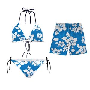 Купальники для женщин 2022 Гавайский принт с принтом гибискуса, комплект купальных костюмов, плавки-бикини и аксессуары для пар (синий)