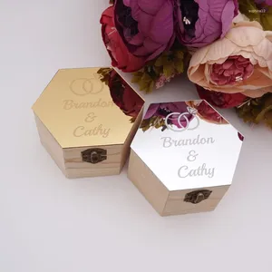 Подарочная упаковка, двойные кольца, стильная шестиугольная коробка, акриловая зеркальная крышка, индивидуальное имя, деревянные коробки для вечеринки, держатель для конфет, декор для дисплея