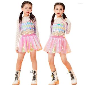 Sahne Giyim Çocuk Yaz Dans Kostüm Sequin Online Elbise/Pantolon Set Kız Hip-Hop Modern Caz Sokağı Performansı