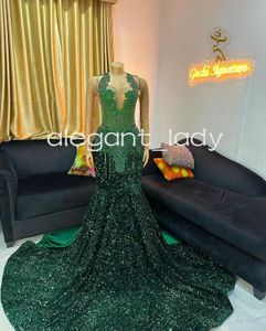 Zümrüt Yeşil Işıltılı Akşam Töreni Siyah Kız Lüks Elmas Kristal Velvet Prom Elbise 2024