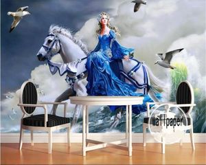 Обои на заказ Самоклеящиеся обои в европейском стиле, ручная роспись, большие волны, верховая езда на белой лошади, женщина, 3D фрески, гостиная, спальня