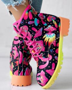 Bot Kadın Moda Ayakkabıları Sıcak Günlük Giyim Düz Kış Renkli Figür Mantar Baskı Ombre Tehlike Ayak Bileği Botlar