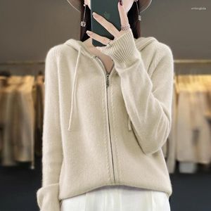 Malhas femininas 2024 outono/inverno cardigan de lã pura com capuz versátil solto malha manga longa venda produto casaco suor