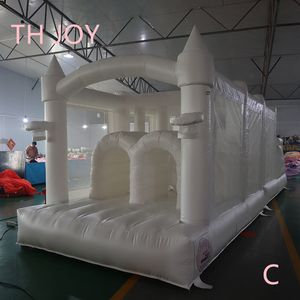 Atividades ao ar livre 8x2.5m Curta de obstáculos infláveis brancos, castelo de saltitante personalizado com brinquedos obstáculos