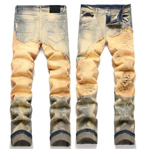 Мужские сложенные джинсы Ripper Denim Длинные брюки Узкие брюки Тонкие мужские эластичные байкерские джинсы Потертые дизайнерские лоскутные брюки Желтые