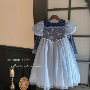 Kız Elbiseler Kızların Aydınlık Prenses Elbise 2024 Sonbahar Çocuk Doğum Günü Sarayı Tarzı Mavi Kabarık Tül Etek
