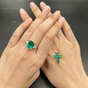 Anel e colar de corte columbia cultivado em laboratório, material dourado, esmeralda, formato de princesa, conjunto de joias de cor verde para mulheres