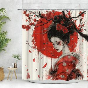 Duş perdeleri Japon perdesi kırmızı ay kiraz çiçeği şube glam kadın Çinli kız geleneksel mürekkep boyama banyo dekor