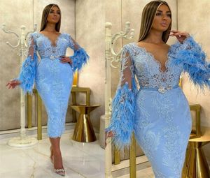 Luxuriöse blaue Abendkleider mit Federapplikationen, Spitze, sexy, schiere lange Ärmel, Meerjungfrau, formelles Kleid, knöchellang, maßgeschneidert, günstig, Pro2623658