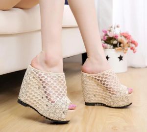 Sandalet Yaz Net İplik Yüksek Topuklu Kadın Kama Sandalet Ton Terlik Platformu Kadın Dantel Artış Mujer Ayakkabı Feminina Chaussures
