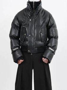 Erkek Ceketler Koyu Avant-Garde tarzı Giysiler Pu Deri Parlak Yüz Kazak Patchwork Pamuklu Ceket Kalınlaştırılmış Erkekler