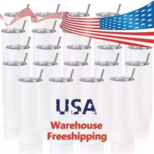 USA CA Lager 20oz 30oz Blank Sublimation Straight Tumblers Edelstahl Blank White Cup mit Deckel und Plastikstrohhalm 50 Stück/Karton