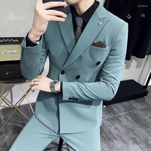 Ternos masculinos primavera e outono conjunto de terno para coreano fino ajuste casaco noivo vestido de casamento negócios profissional formal pequeno