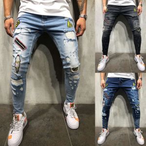 Мужские высококачественные облегающие поношенные облегающие брюки в стиле хип-хоп, новые мужские узкие джинсы со значком