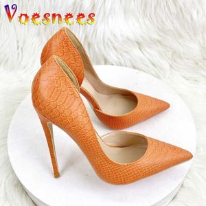 Elbise ayakkabıları 2024 yeni turuncu yılan desen yüksek topuklu 12 cm seksi sivri ince topuklu kadın moda bayanlar ofis sığ ağız pompaları h240325
