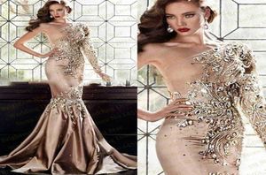 2019 Luxus Zuhair Murad Kristallkleider Abendgarderobe Dubai One Shoulder Strass Formelle Kleider Muslim Langarm Gold Prom Dres4301711