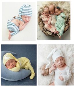 2 paket yeni doğan bebek pografi prop tulumlar sürpriz sevimli haki ayı şapka seti mavi çizgili tulum set2674819