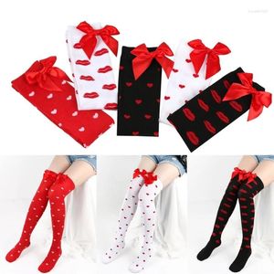 Calzini da donna San Valentino Coscia alta Bowknot Labbro Cuore stampato sopra il ginocchio Calze lunghe per ragazze Costume da festa