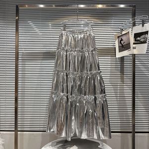 Модная серебряная кожаная плиссированная юбка для больших девочек, эластичная длинная юбка с высокой талией для старых детей, универсальная одежда для подростков Z3840
