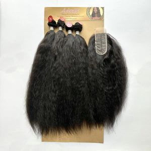Paket Sevimli Afro Kinky Düz Bir Paket Çözümü, Paket Sentetik Saç Demetleri 2*4 T Parça Dantel Kapatma Rahat Dalgalı 4pcs Paket