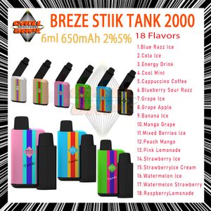 % 100 orijinal breze stiik tank 2000 puflar sigara 2% 5% 5 tek kullanımlık vape kalem ecigs değiştirilebilir kapsül 6ml 18 katlar 650mAh pil buharlaştırıcı buhar cihazı