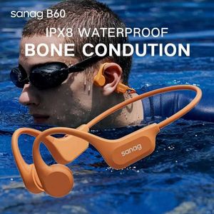 Наушники для мобильного телефона Sanag B60 Pro Bone Conductive Warphones Ipx8 Беспроводные открытые наушники Bluetooth 5.3 плавание Bluetooth Warphone 64GB MP3 наушники Q240321