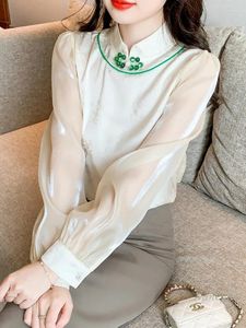 Blusas femininas estilo chinês fivela damasco chiffon camisa primavera pano 2024 chique bonito topo cheongsam elegante blusas