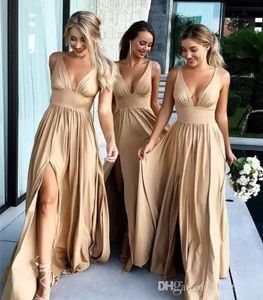 Koyu Şampanya Bury Donanma Nedime Elbiseleri Bölünmüş İki Parçalı Uzun Balo Elbisesi Resmi Düğün Konuk Akşam Elbise CPS3007