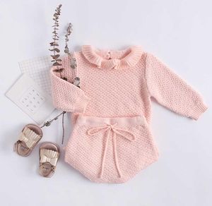 Outono rosa ternos de malha bebê crianças conjuntos de roupas camisola meninas conjuntos babados manga longa sweaterpp curto 2 pçs crianças suit3265800