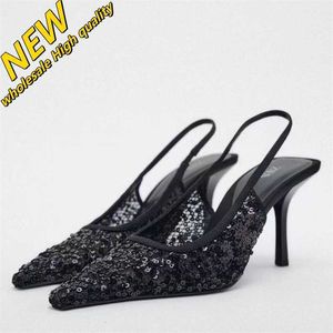 Ucuz Mağaza% 90 OFF GOLEAL BOWLE BLACK ZA2024 Topuklar Yüksek Yaz Boncuk Dekorasyonu Yeni Açık Kadınlar Fransız Tarz Ayakkabısı Çok yönlü ve serin