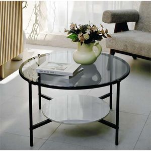 Artlog Round Coffee, 2 уровня: 32 дюйма.Современный центральный стол с большой столешницей из закаленного стекла и низкой полкой для хранения из спеченного камня, боковая мебель для домашнего дивана для гостиной