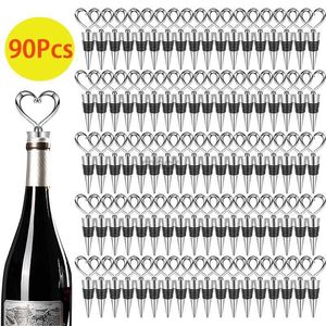 Bar Araçları 90pcs Kalp Şarap Tutucuları Düğün Gelinleri Konuklar için Silver Heart Wine Bottle Stoppers Kalp Şampanya Stopları Şarap Tasarruflar 240322