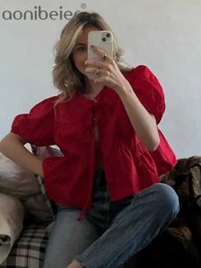 T-shirt das mulheres Aonibeier Red Bow Lace Up Puff Mangas Mulheres Camisa Casual Traf 2024 Verão Oco Ultra Fino Camisa Curta Mulheres Crop Top Y2K 240322