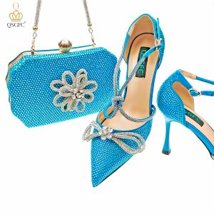 Pompalar QSGFC Zarif Tasarım Partisi Kadın Ayakkabı ve Çanta Seti Elmas Kelebek Tasarımı Gökyüzü Mavi Renk