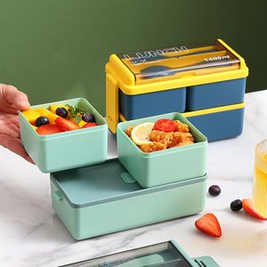 Двухслойный портативный ланч-бокс для детей с вилкой и ложкой, микроволновая печь, коробки для бенто, набор посуды, контейнер для хранения еды YFA2052