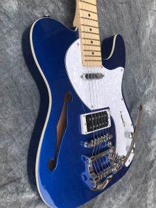 Gitar OEM 6 String TL Caz Elektrikli Gitar Semihollow Vücut Parlak Bitir Bina Krem Tremelo, Renk Mavi, Ücretsiz Teslimat