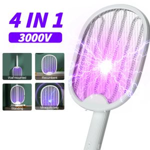 Zappers 4 In1 Elektrikli Sivrisinek Killer Sinek Swatter USB Şarj Edilebilir Tuzak Sivrisinek Raket Böcek Katil UV Işık 3000V Yatak Odası Böcek Zapper