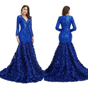 Manga longa do vintage enterrar azul real vestidos de baile sexy sereia com decote em v ruched rendas flores vestidos de noite formal ocn vestidos bm estidos