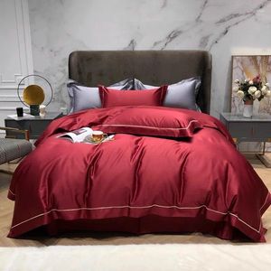 Yatak Setleri 2024 EST Uzun çipli pamuklu dört parçalı yatak keten düz renk basit İskandinav tarzı moda kırmızı