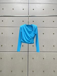 Kadın Tişörtleri 2024 Moda Uzun Kollu Seksi Sıradan Parlak Mavi Omuz Yastıklı Piled Top 1207