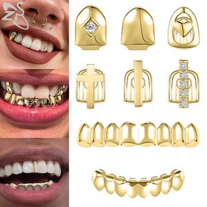 Zs 1-2 peças hip hop banhado a ouro dentes brilhantes cz cristal cruz gap grillz acabamento de alto polimento tampa de dente inferior superior