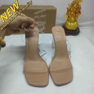 Ucuz Mağaza% 90 OFF GOLESAL ZA 2024 Yaz Kadın Ayakkabıları Şeffaf PVC Kare Başlık Yüksek Topuk Sandal Kristal Düğmesi
